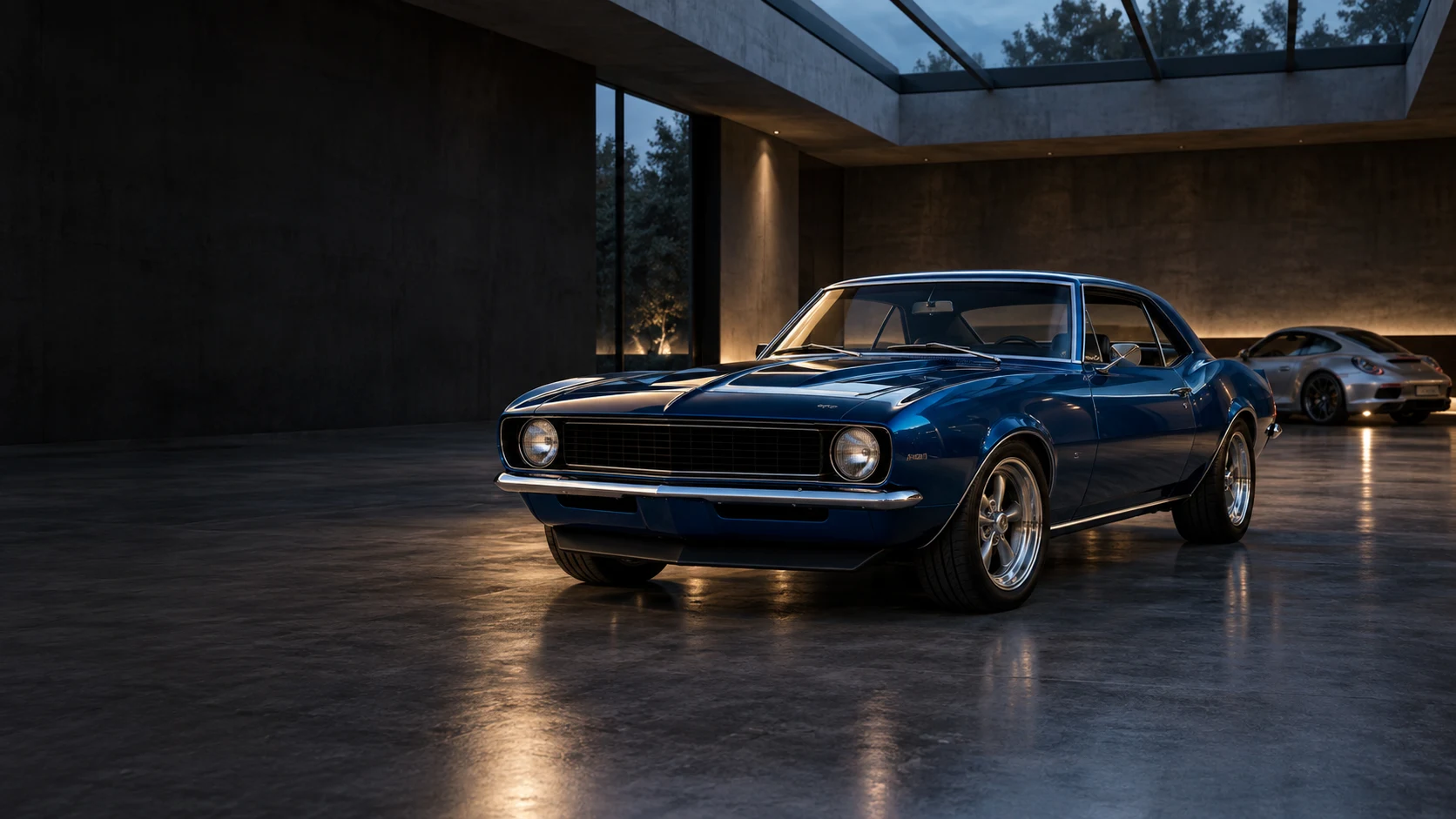 Cobalt blue classic muscle car and silver sports coupe in a contemporary automotive gallery