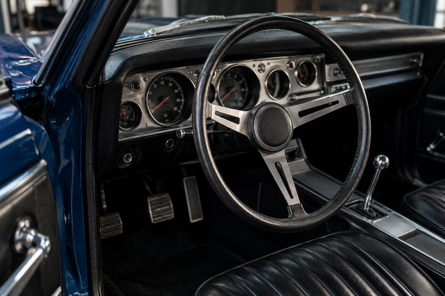 Vintage black leather steering wheel, chrome details and analog gauges in a blue classic car
